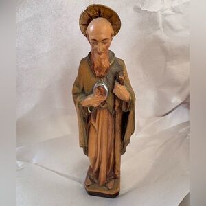 Handcrafted Wooden Saint Statue - Brown and Tan